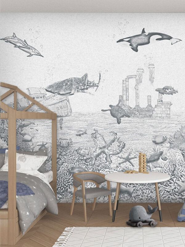 Kinderkamer getekend behang zeedieren orka krijt potloodgrijs