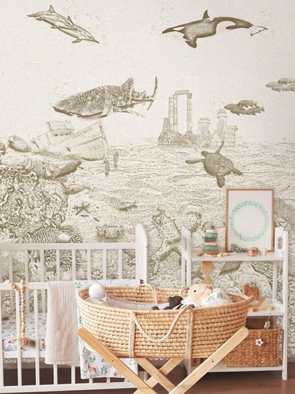 Kinderkamer getekend behang zeedieren orka krijt zandbruin