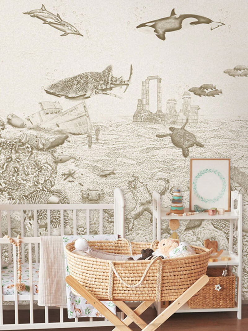 Kinderkamer getekend behang zeedieren orka krijt zandbruin