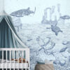 Kinderkamer en babykamer getekend behang zeedieren orka krijt zeeblauw