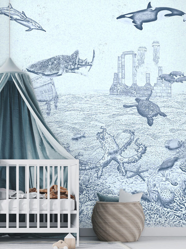 Kinderkamer getekend behang zeedieren orka krijt zeeblauw