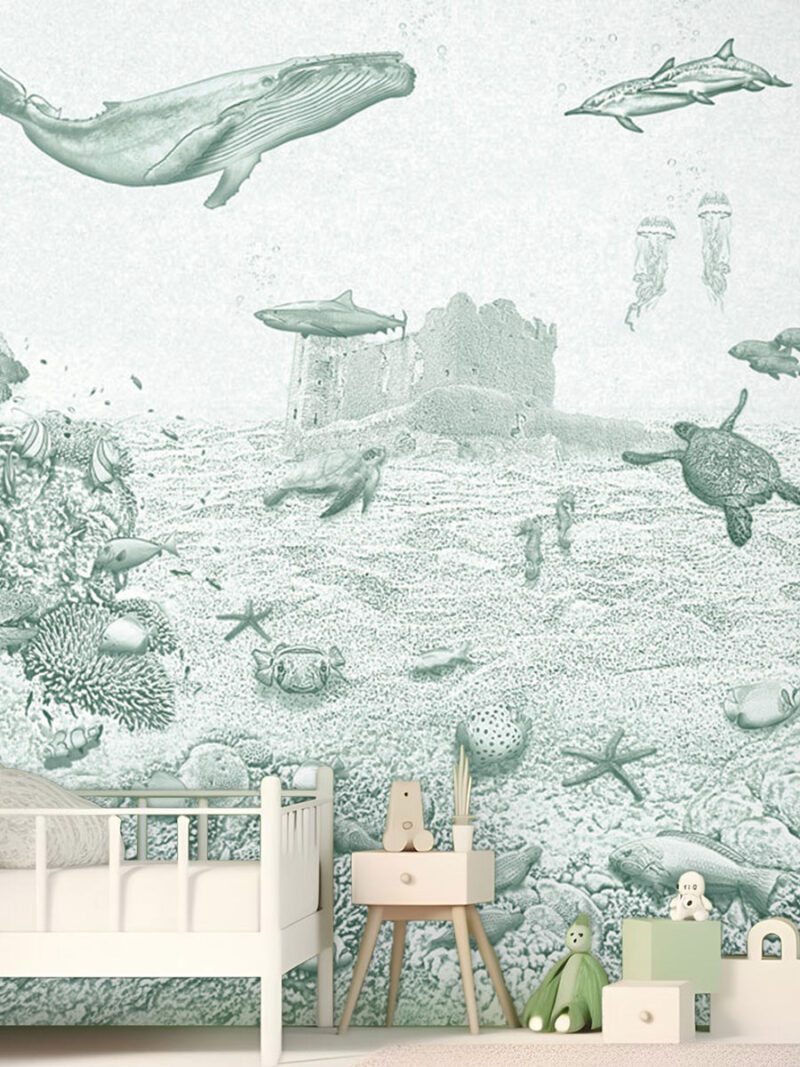 Kinderkamer en babykamer getekend behang zeedieren walvis krijt diepgroen
