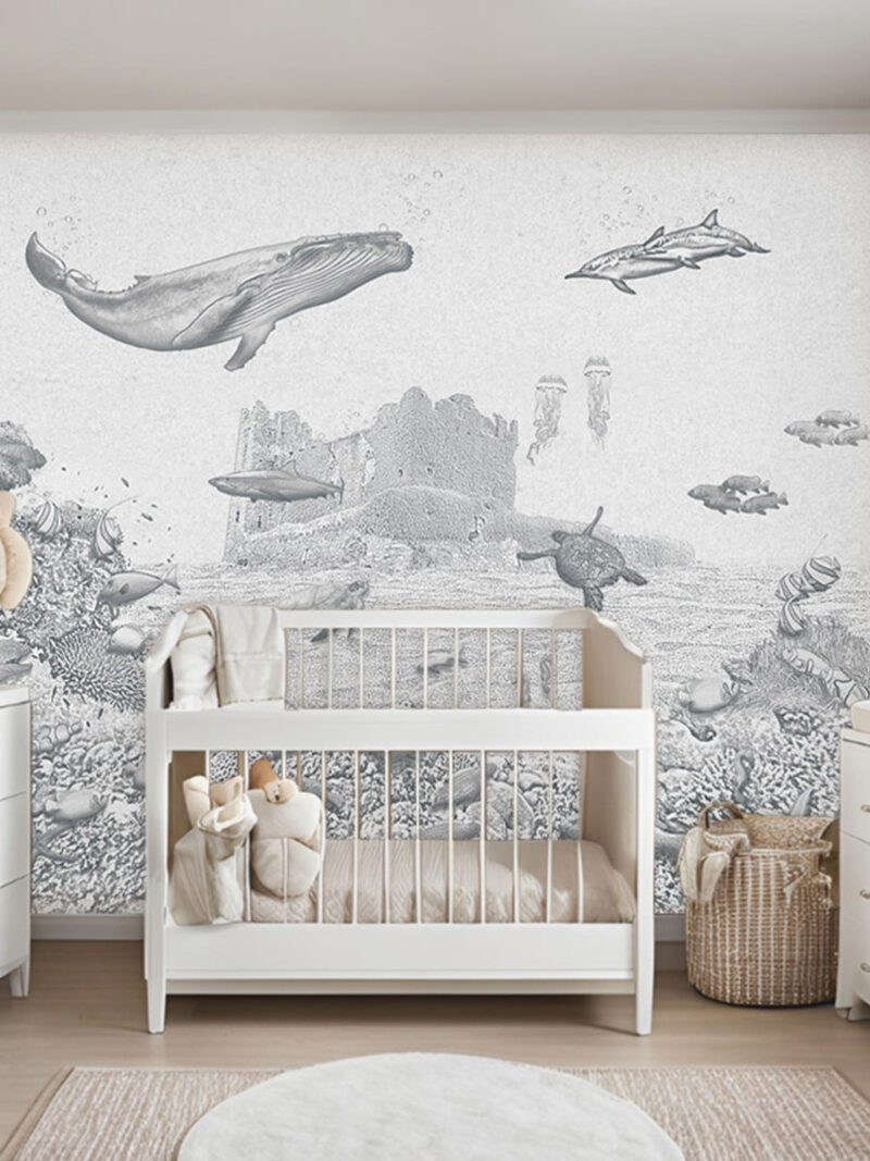 Kinderkamer getekend behang zeedieren walvis krijt potloodgrijs