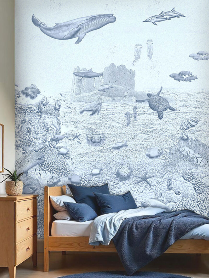 Kinderkamer getekend behang zeedieren walvis krijt zeeblauw