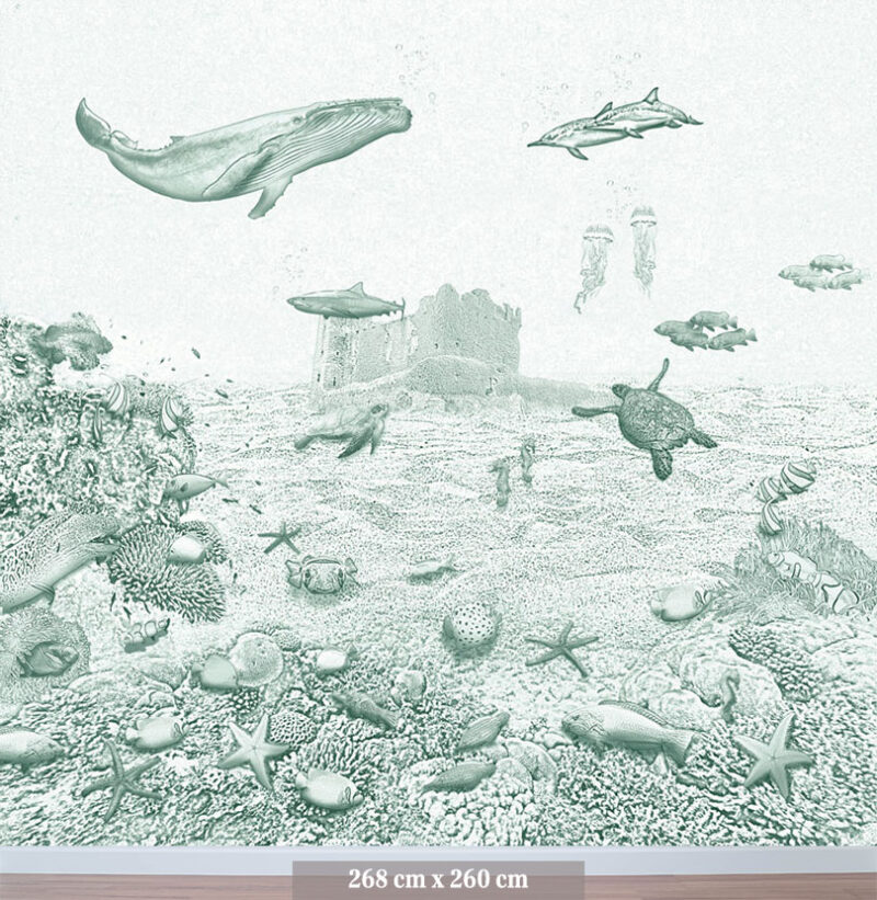 Kinderkamer en babykamer getekend behang zeedieren walvis krijt diepgroen