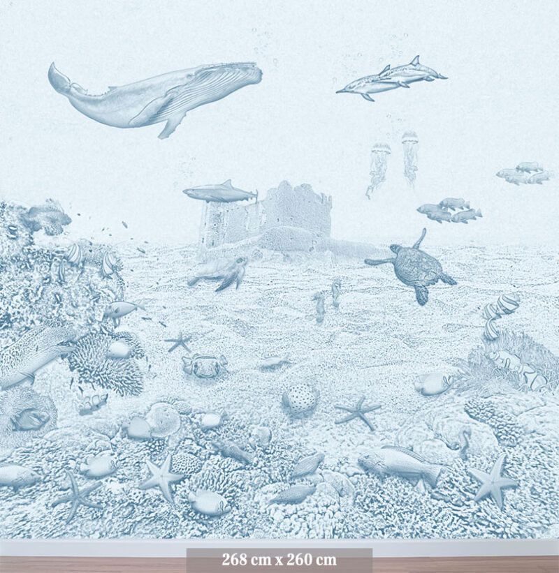 Kinderkamer getekend behang zeedieren walvis krijt luchtblauw