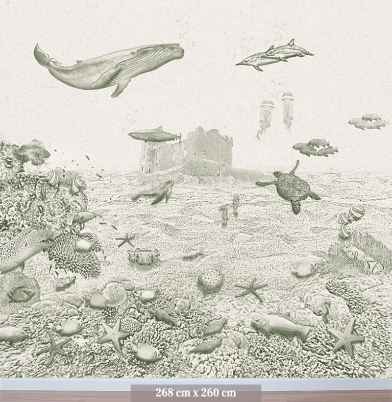 Kinderkamer getekend behang zeedieren walvis krijt mosgroen
