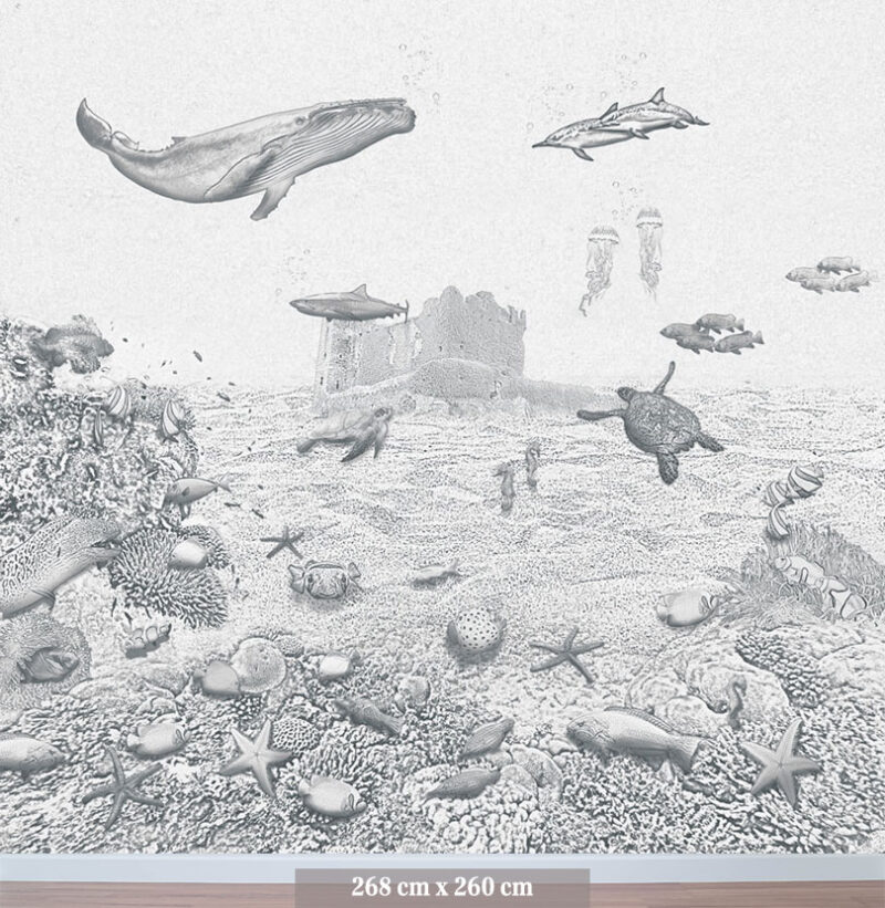 Kinderkamer getekend behang zeedieren walvis krijt potloodgrijs