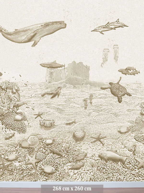 Kinderkamer en babykamer getekend behang zeedieren walvis krijt zandbruin