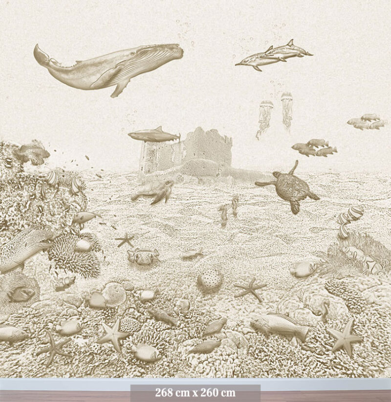 Kinderkamer getekend behang zeedieren walvis krijt zandbruin