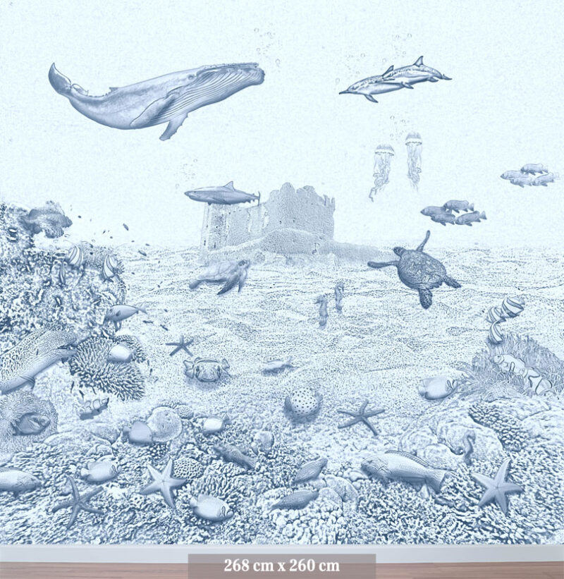Kinderkamer getekend behang zeedieren walvis krijt zeeblauw