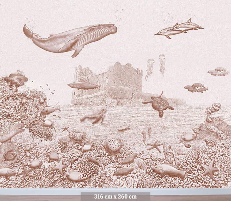Kinderkamer getekend behang zeedieren walvis krijt bruin