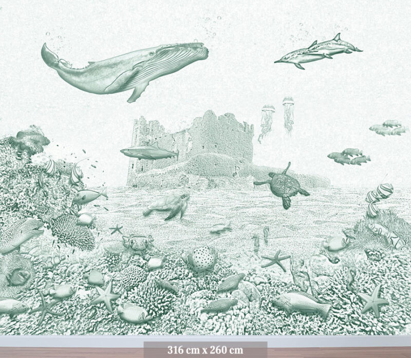 Kinderkamer en babykamer getekend behang zeedieren walvis krijt diepgroen