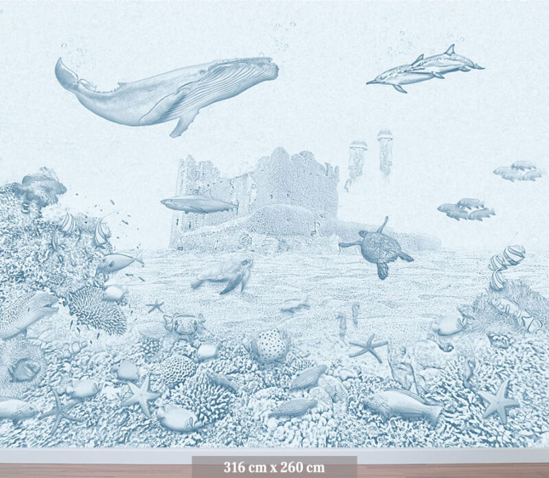 Kinderkamer getekend behang zeedieren walvis krijt luchtblauw
