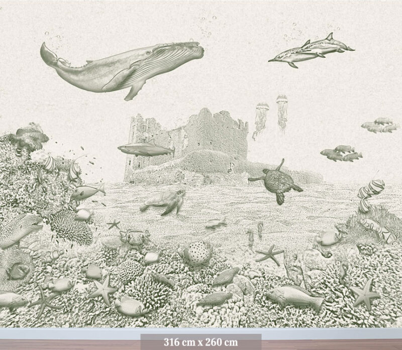 Kinderkamer getekend behang zeedieren walvis krijt mosgroen