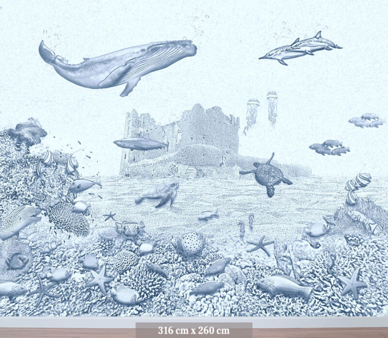 Kinderkamer getekend behang zeedieren walvis krijt zeeblauw