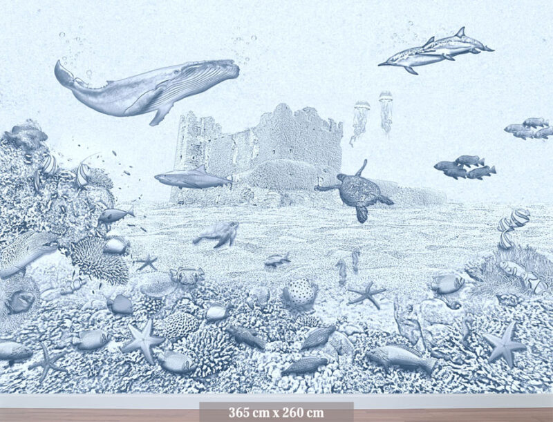Kinderkamer getekend behang zeedieren walvis krijt zeeblauw
