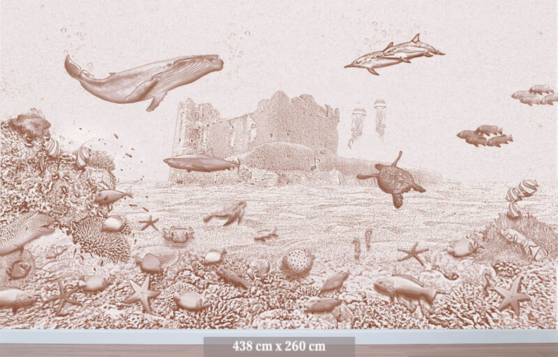 Kinderkamer getekend behang zeedieren walvis krijt bruin