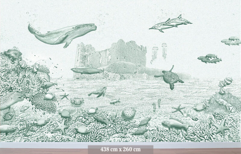 Kinderkamer en babykamer getekend behang zeedieren walvis krijt diepgroen