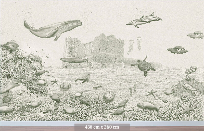 Kinderkamer getekend behang zeedieren walvis krijt mosgroen
