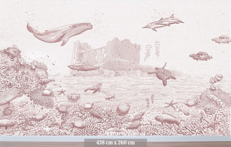 Kinderkamer getekend behang zeedieren walvis krijt oudroze