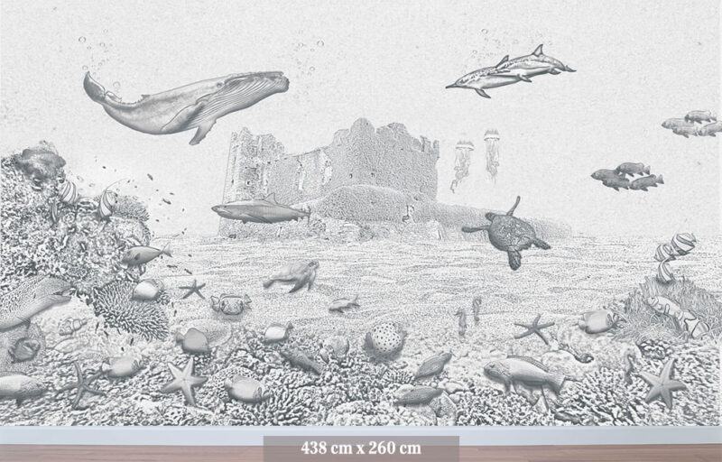 Kinderkamer getekend behang zeedieren walvis krijt potloodgrijs