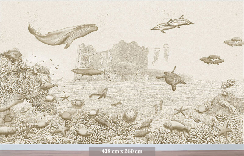 Kinderkamer getekend behang zeedieren walvis krijt zandbruin