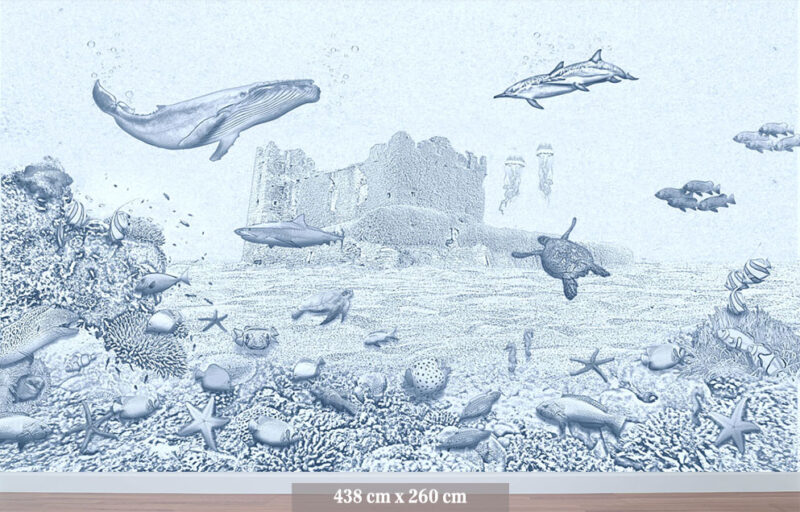 Kinderkamer getekend behang zeedieren walvis krijt zeeblauw