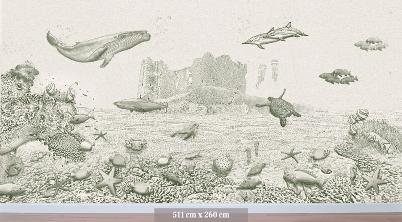 Kinderkamer getekend behang zeedieren walvis krijt mosgroen