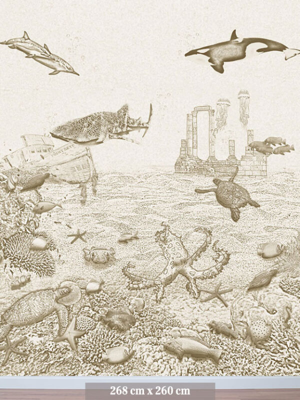 Kinderkamer en babykamer getekend behang zeedieren orka krijt zandbruin