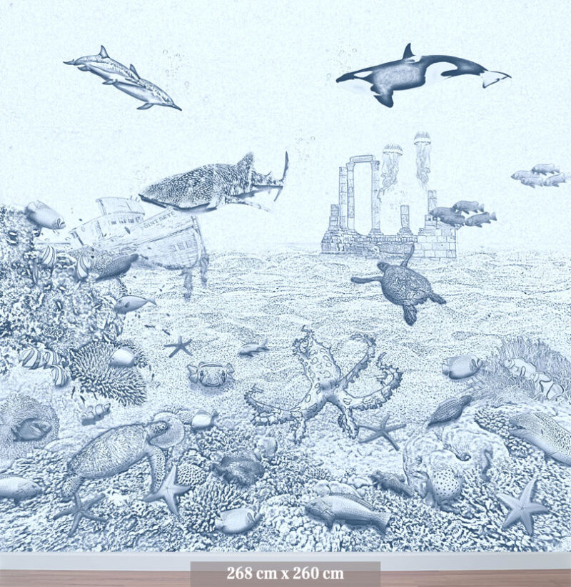 Kinderkamer en babykamer getekend behang zeedieren orka krijt zeeblauw