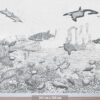 Kinderkamer en babykamer getekend behang zeedieren orka krijt potloodgrijs