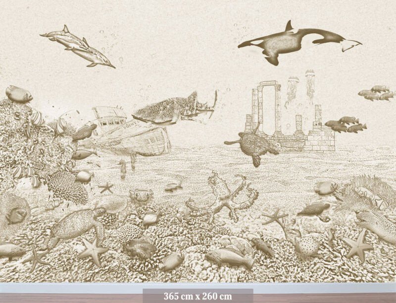 Kinderkamer getekend behang zeedieren orka krijt zandbruin