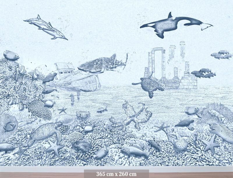 Kinderkamer en babykamer getekend behang zeedieren orka krijt zeeblauw