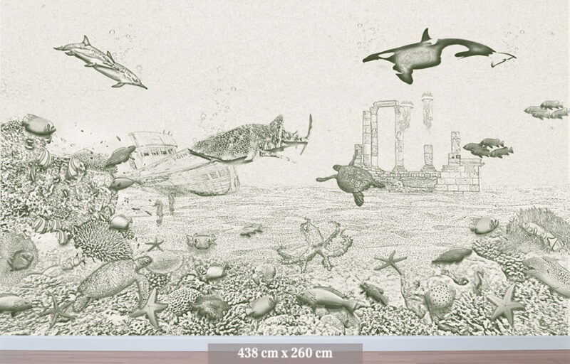 Kinderkamer getekend behang zeedieren orka krijt mosgroen