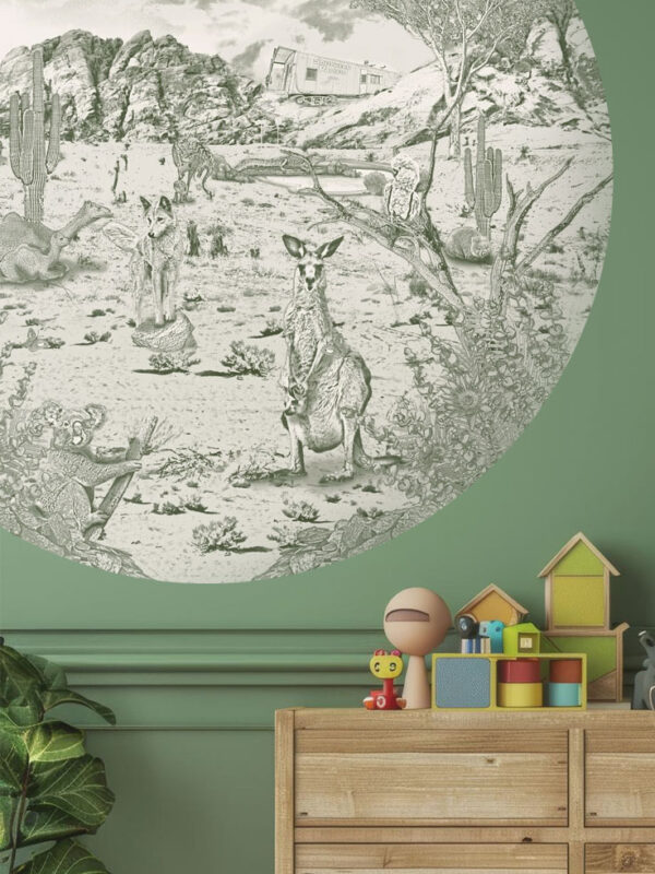 Kinderkamer behangcirkel getekende Australische dieren krijt mosgroen