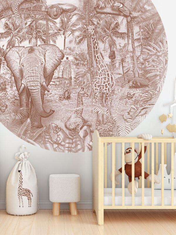 Kinderkamer behangcirkel getekende jungle dieren krijt bruin