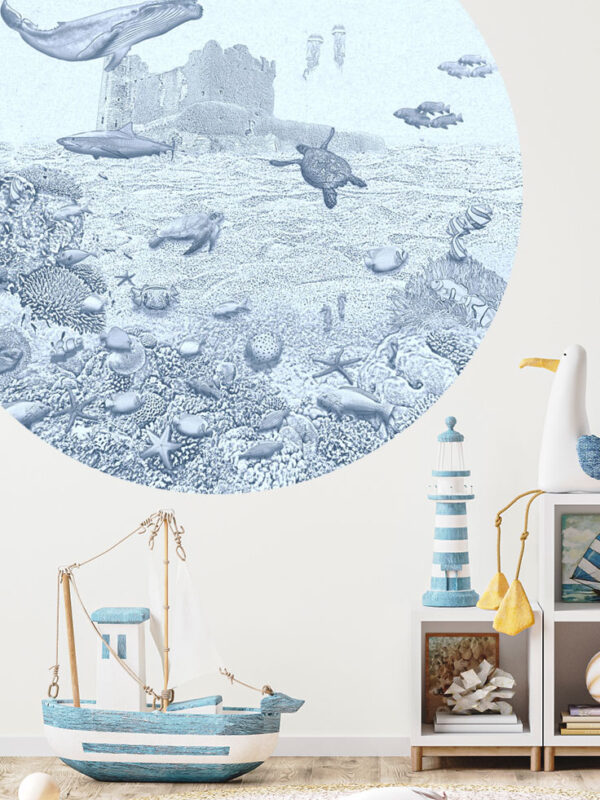 Kinderkamer behangcirkel getekende zeedieren krijt zeeblauw