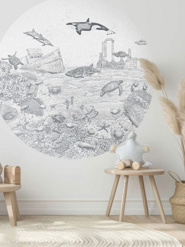 Kinderkamer behangcirkel getekende zeedieren krijt potloodgrijs