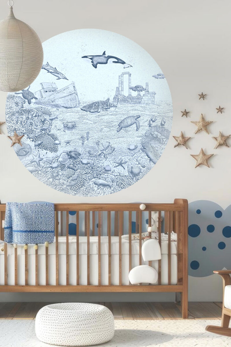 Kinderkamer behangcirkel getekende zeedieren krijt zeeblauw