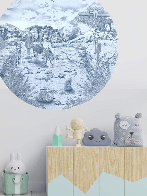 Kinderkamer muursticker getekende Australische dieren krijt zeeblauw