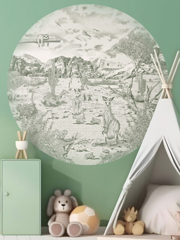 Kinderkamer muursticker getekende Australische dieren krijt mosgroen