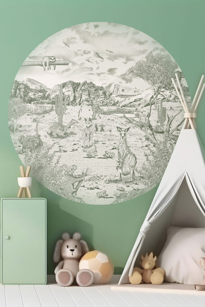 Kinderkamer muursticker getekende Australische dieren krijt mosgroen