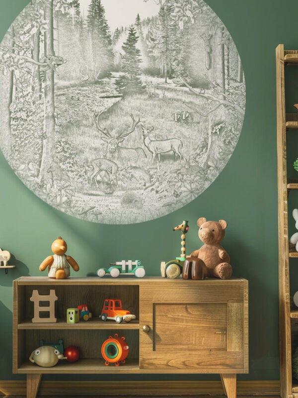 Kinderkamer muursticker getekende bosdieren krijt mosgroen