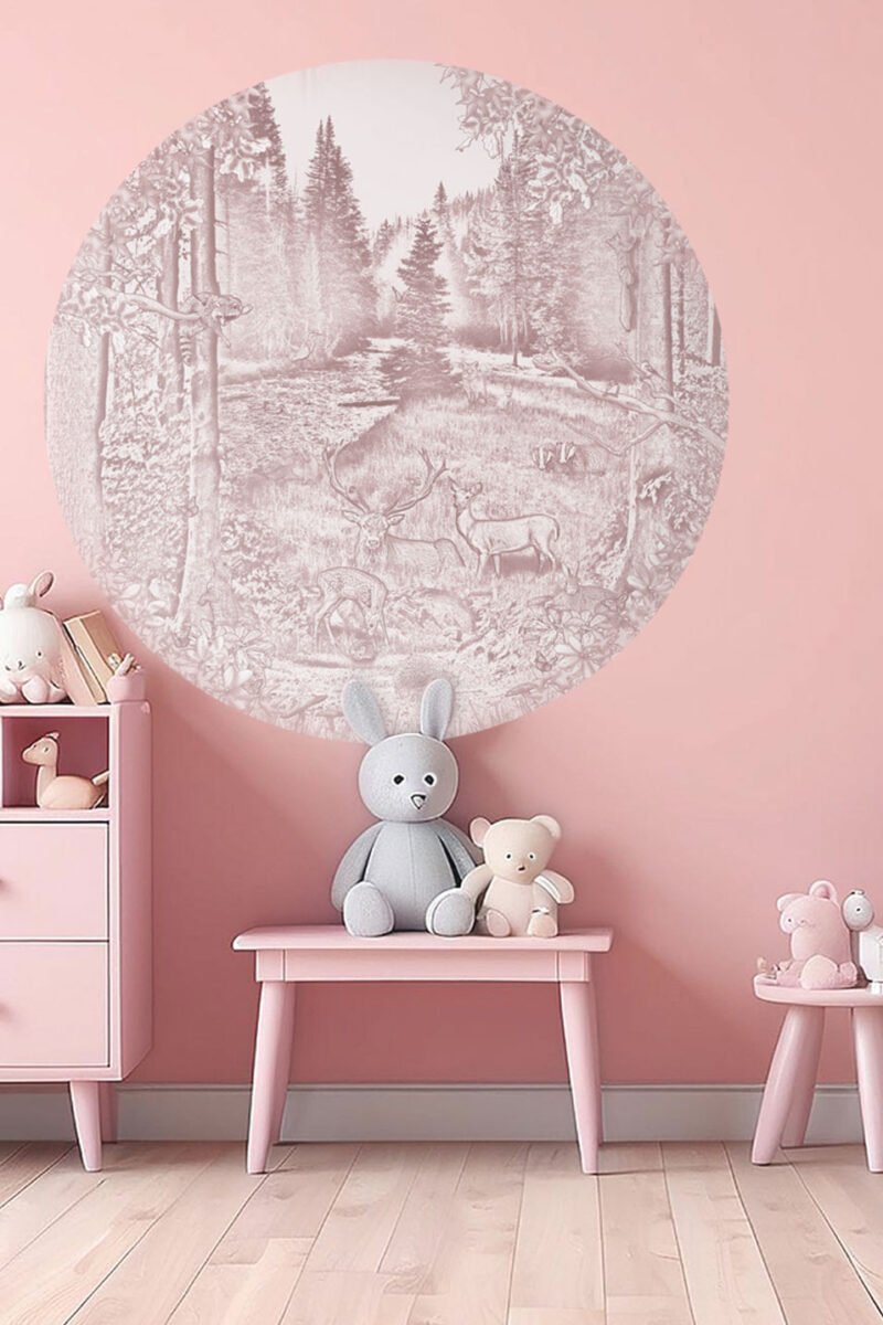 Kinderkamer muursticker getekende bosdieren krijt oudroze