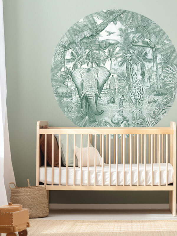 Kinderkamer muursticker getekende jungle dieren krijt diepgroen