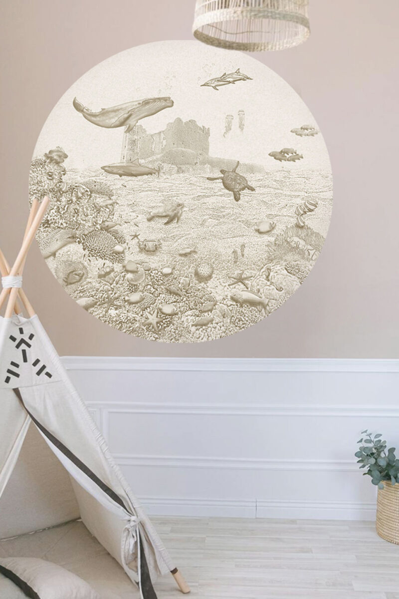 Kinderkamer muursticker getekende zeedieren krijt zandbruin