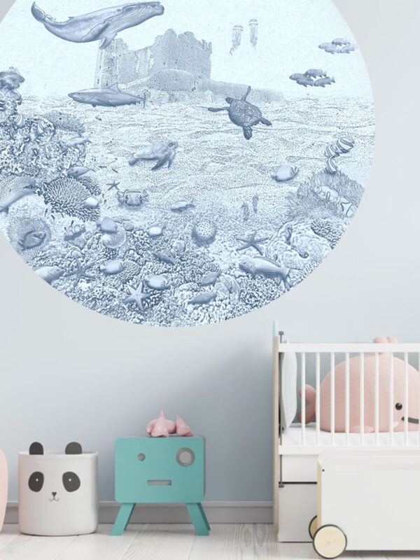 Kinderkamer muursticker getekende zeedieren krijt zeeblauw