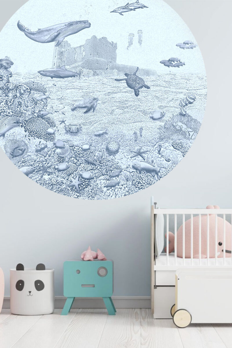 Kinderkamer muursticker getekende zeedieren krijt zeeblauw