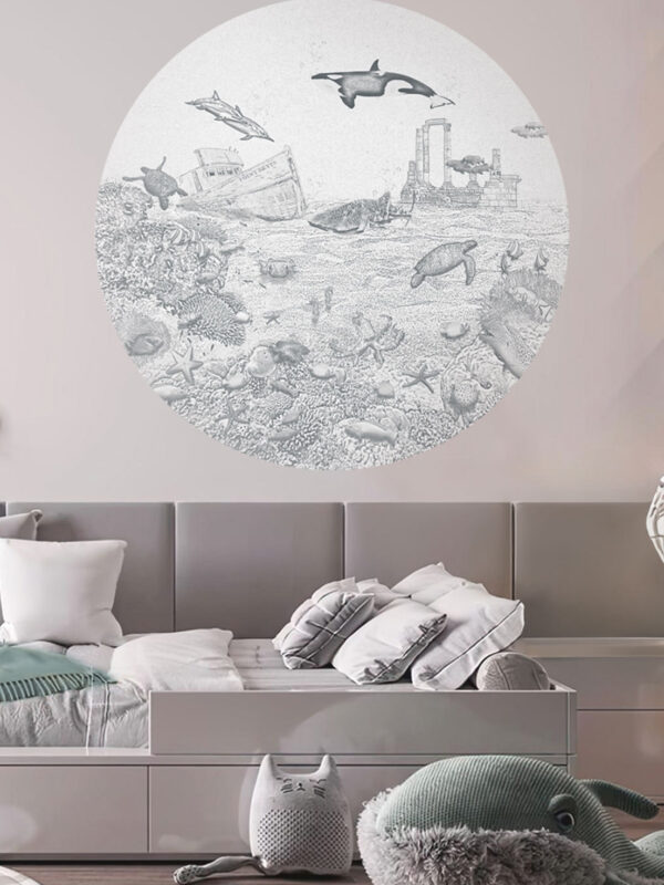 Kinderkamer muursticker getekende zeedieren krijt potloodgrijs